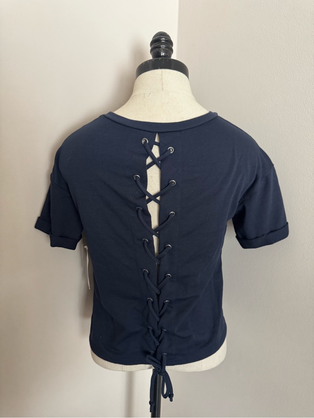 Francesca's Collections Navy Lace-Up Back Short Sleeve Top